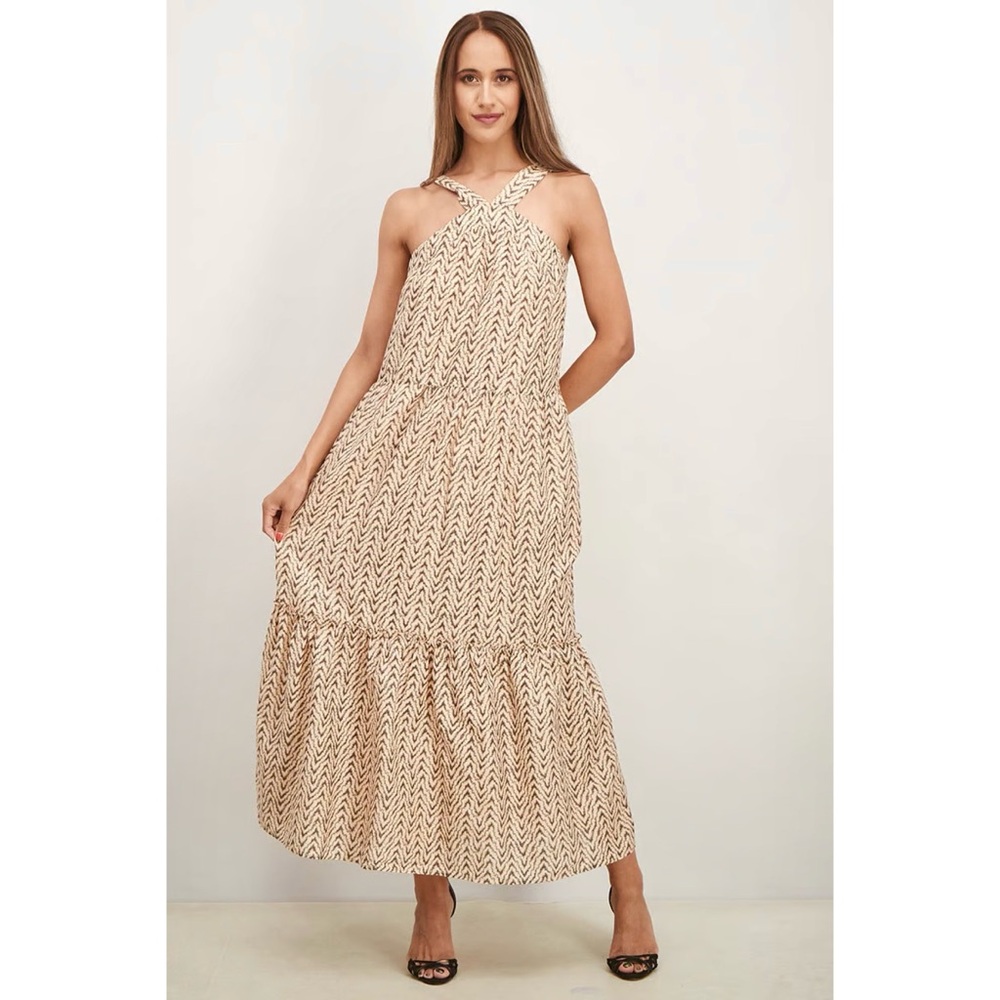 Joie Textured Crossover Neckline Tiered Maxi Dress In Melon Tan NWT Size L